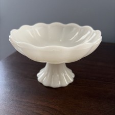 Vintage White Milk Glass Pedestal Compote with Embossed Grape & Leaf Pattern — listing 4
