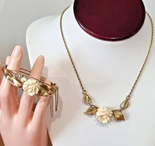 Carved Rose Flower Necklace & Earrings Set on Gold-Tone Chain — listing 4