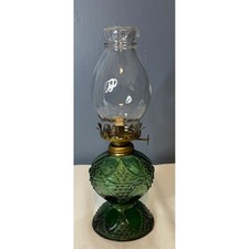 Antique Green Depression Glass Kerosene Oil Lamp with Clear Chimney — listing 4