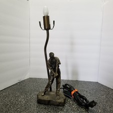 Vintage Brass Figural Golfer Table Lamp with Burlap Shade — listing 3