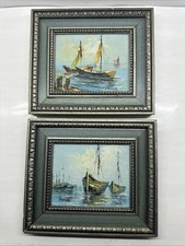 Original Oil Painting Harbor Scene with Sailboats at Sunset, Signed