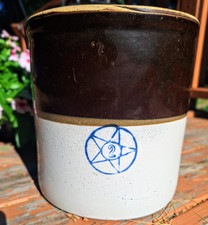 Antique Stoneware Crock with Blue Star Trademark, Brown & White Salt Glaze