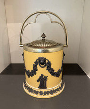 Antique Green Lithographed Tin Biscuit Tin with Neoclassical Cherub Jasperware Motif