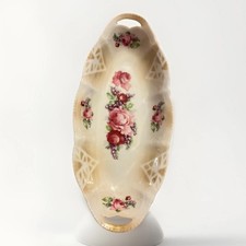 Antique German Porcelain Oval Relish/Pickle Dish with Rose and Lilac Floral Transfer