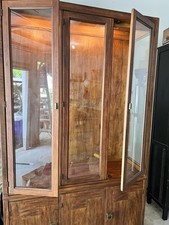 Oak Lighted China Cabinet / Wall Display Unit with Center Mirror, Drawers, and Glass Side Doors — listing 4