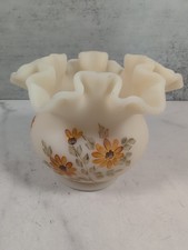 Fenton Custard Satin Glass Ruffled Vase, Hand-Painted Floral, 11 inch — listing 3
