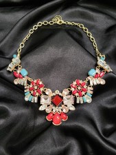 Peach Floral Cluster Bib Statement Necklace with Rhinestones — listing 3