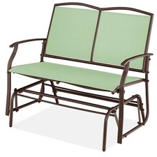 Outdoor Patio Loveseat with Mesh Sling Back and Cushion, Black Metal Frame with Wood-Tone Armrests — listing 3