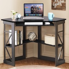 Corner Computer Desk with Glass Top, Elevated Monitor Shelf, and Side Storage Shelves — listing 2