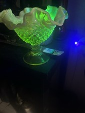 Uranium Glass Footed Compote with Ruffled Rim and Etched Floral Design, listing 2