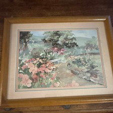 Framed Floral/Garden Landscape Print in Gold and Blue Wood Frame, listing 5
