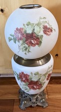 Vintage Hurricane / Gone With The Wind Style Electric Table Lamp with Hand-Painted Floral Milk Glass Shade