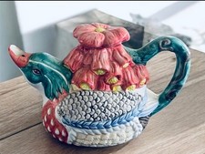 Figural Bird Ceramic Teapot with Overhead Handle and Green Glaze