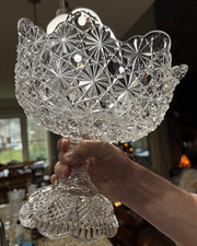 Antique EAPG Pressed Glass Square Bowl with Hobstar and Fan Pattern, Ruffled Rim — listing 3