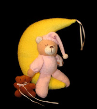 Vintage Cream Plush Sleeping Teddy Bear with Pink Bow — listing 2