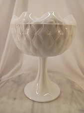 Vintage White Milk Glass Footed Compote with Embossed Grape and Leaf Pattern — listing 2