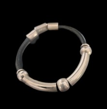 Sterling Silver 925 Multi-Strand Black Leather Cuff Bracelet with Magnetic Clasp, Israel, listing 6