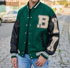 Black Varsity Bomber Jacket with Chenille Bone Patches and 'B' Letterman Patch — listing 2