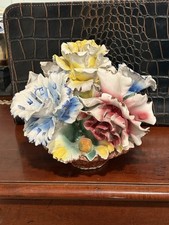 Vintage Italian Handmade Hand-Painted Capodimonte-Style Porcelain Floral Candle Holders, Pair, Pink/Green/Yellow Pastels
