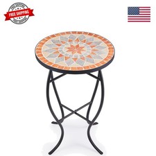 Pair of Mosaic Tile Top Round Side Tables with Scrolled Wrought Iron Bases — listing 5
