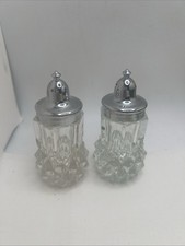 Vintage Diamond Cut Pattern Glass Salt & Pepper Shaker Set with Chrome Lids — listing 2
