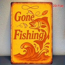 Recycled Metal 'Gone Fishing' Round Wall Sign with 3D Red Truck and Fishing Rod — listing 3