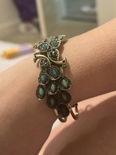Costume Jewelry Silver-Tone Hinged Cuff Bracelet with Yellow and Green Faceted Cabochons and Blue Rhinestones — listing 6