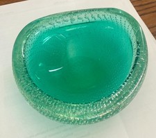 Hand-Blown Art Glass Bowl with White Cased Rim and Blue Swirl Interior — listing 5