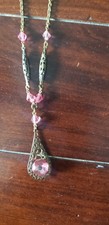Vintage Pink & White Glass Flower Cluster Bead Necklace with Brass Bar Chain — listing 5