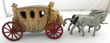 Antique Cast Iron Two-Seat Horse-Drawn Phaeton Carriage Toy with Two White Horses and Figures