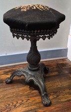 Antique Victorian Adjustable Piano Stool with Glass Ball & Claw Feet and Floral Needlepoint Seat