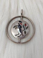 Zuni Inlay Roadrunner / Bird Post Earrings, Sterling Silver with Turquoise, Coral & Mother-of-Pearl — listing 4