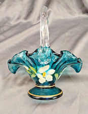Trio of Hand-Painted Iridescent Art Glass Eggs on Pedestal Bases, Fenton-Style Floral Decoration — listing 6