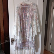 Bohemian Floral Duster Cardigan, Black/Raspberry Velvet Burnout, Bell Sleeves with Bow Ties, Size Medium No tags at all