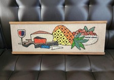 Vintage Mid-Century Gravel Art Wall Panel with Wine Bottle, Goblets and Grapes on Turquoise Burlap, Wood Framed