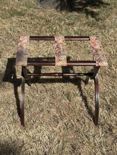 Vintage Folding Wood Luggage Rack with Green & Pink Striped Webbing Straps — listing 6