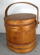 Antique Primitive Wooden Firkin Sugar Bucket with Lid and Bentwood Handle, 12" Round x 12" Deep — listing 6