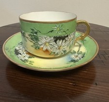 Antique Hand-Painted Green & Gilt Floral Porcelain Teacup and Saucer — listing 6