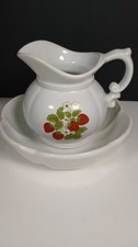 Antique Semi-Porcelain Water Pitcher with Strawberry Transfer Decoration and Gold Trim