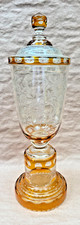 Pair of Bohemian Amber Cut-to-Clear Engraved Glass Trumpet Vases, Floral Motif, 9.5" Tall — listing 5