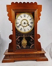 Antique Victorian Painted Wood Gingerbread Mantel Shelf Clock with Ornate Brass Pendulum — listing 5