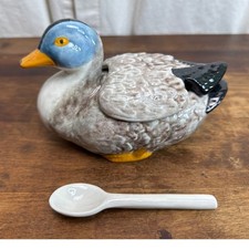 Figural White Duck Soup Tureen with Blue Polka-Dot Bow and Ladle — listing 5