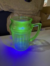 Hazel-Atlas Green Uranium Glass Cube Pattern Milk Pitcher / Creamer, 6.5 inches tall — listing 3