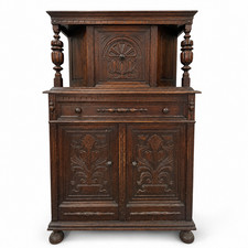 Antique Oak Two-Piece Hutch Cabinet with Glass-Door China Top and Cupboard Base — listing 2