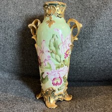 Limoges Gilt Chinoiserie Twin-Handled Bulbous Vase with Figural Gold Handles