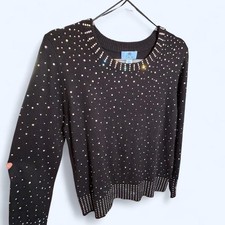 CeCe Ivory Cable-Knit Sweater with Rhinestone Flower Embellishments, Size L