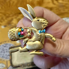 Pair of Figural Bunny Rabbit Brooch Pins with Faux Pearl Body and Rhinestone Accents — listing 6