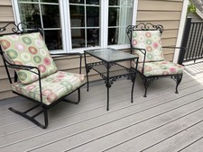 Vintage Wrought Iron Mesh Patio Dining Set - Round Table with 4 Springer Rocker Chairs and Red Cushions — listing 3