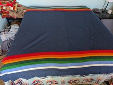 Vintage Pendleton Wool Camp Blanket Olive Green with Cream Stripes — listing 2