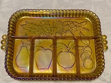 Vintage Amber Pressed Glass Divided Relish Dish with Scalloped Rim and Starburst Pattern — listing 4